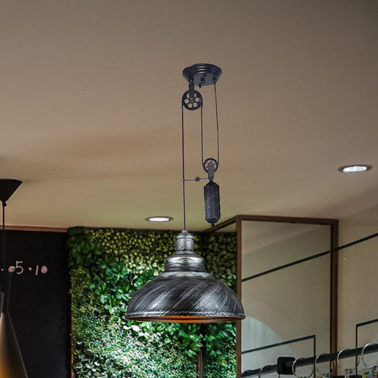 Rustic Industrial Dome Pendant Lamp with Pulley - 1 Light Metal Fixture in Brown/Grey for Living Room Lighting