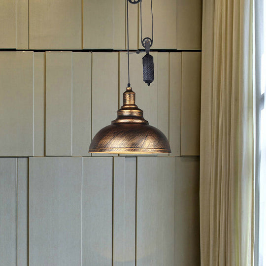Rustic Industrial Dome Pendant Lamp with Pulley - 1 Light Metal Fixture in Brown/Grey for Living Room Lighting
