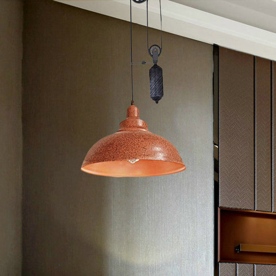 Rustic Industrial Dome Pendant Lamp with Pulley - 1 Light Metal Fixture in Brown/Grey for Living Room Lighting