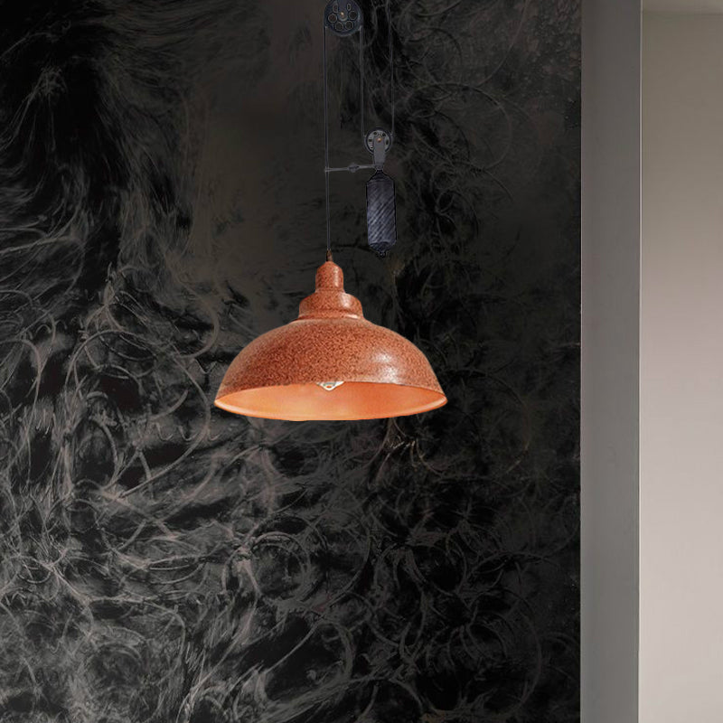 Rustic Industrial Dome Pendant Lamp with Pulley - 1 Light Metal Fixture in Brown/Grey for Living Room Lighting