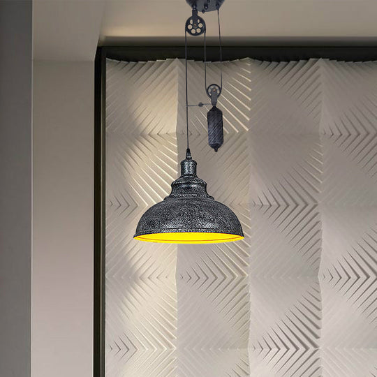 Rustic Industrial Dome Pendant Lamp with Pulley - 1 Light Metal Fixture in Brown/Grey for Living Room Lighting