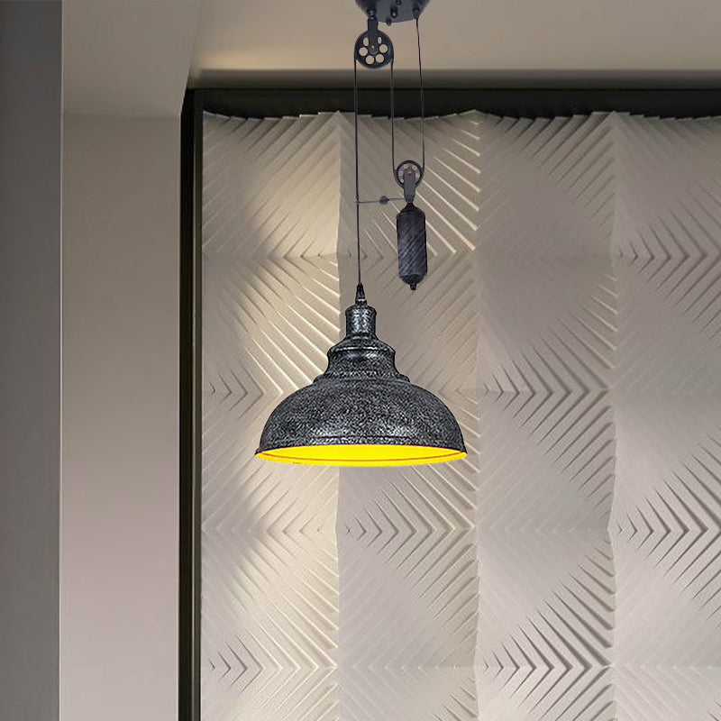 Rustic Industrial Dome Pendant Lamp with Pulley - 1 Light Metal Fixture in Brown/Grey for Living Room Lighting