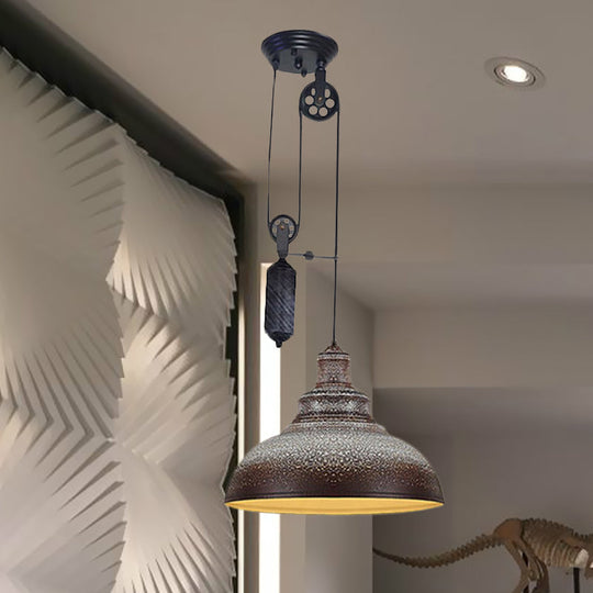Rustic Industrial Dome Pendant Lamp with Pulley - 1 Light Metal Fixture in Brown/Grey for Living Room Lighting