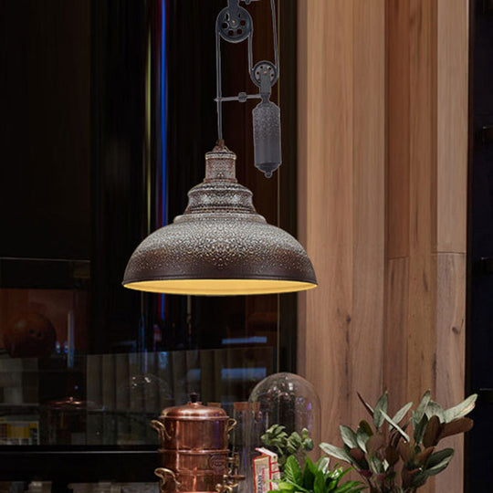 Rustic Industrial Dome Pendant Lamp with Pulley - 1 Light Metal Fixture in Brown/Grey for Living Room Lighting