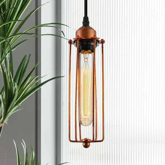 Vintage-Style 1-Bulb Dark Rust Tube Pendant Lighting with Wire Guard for Kitchen