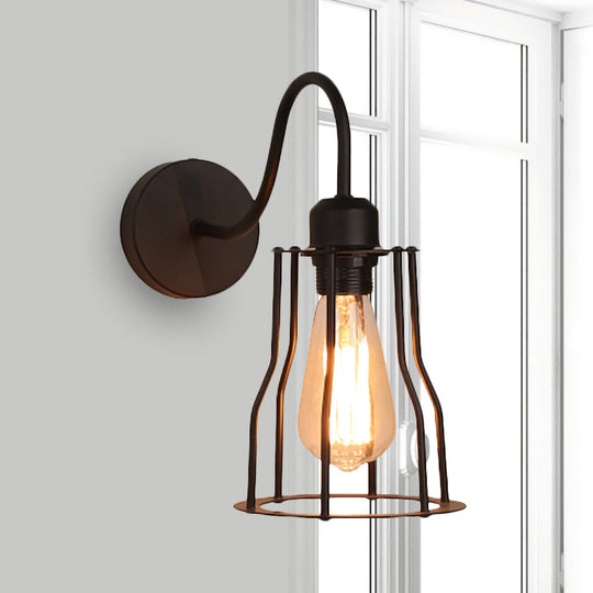 Vintage-Style Iron Caged Farmhouse Wall Sconce with Gooseneck Arm - 1 Light Black Wall Mount