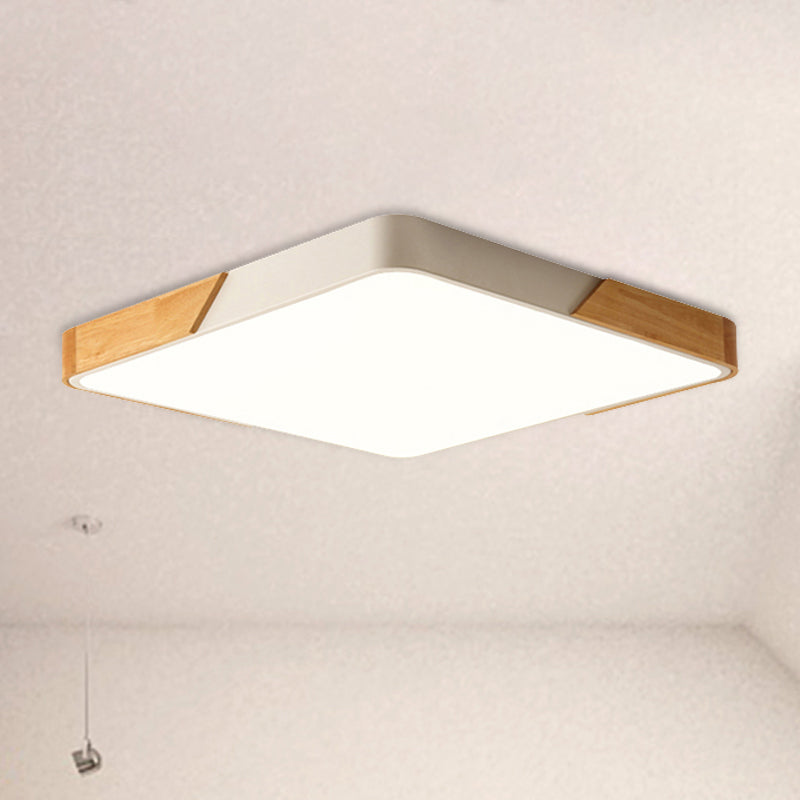 Kids Bedroom Ceiling Light - Nordic Green Square Flush Mount with Wood and Acrylic Shade