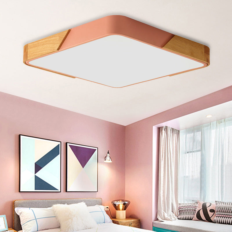 Kids Bedroom Ceiling Light - Nordic Green Square Flush Mount with Wood and Acrylic Shade