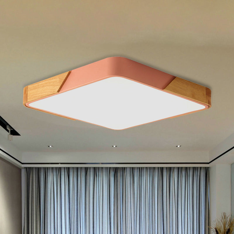 Kids Bedroom Ceiling Light - Nordic Green Square Flush Mount with Wood and Acrylic Shade