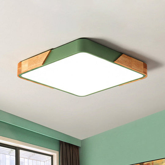 Kids Bedroom Ceiling Light - Nordic Green Square Flush Mount with Wood and Acrylic Shade