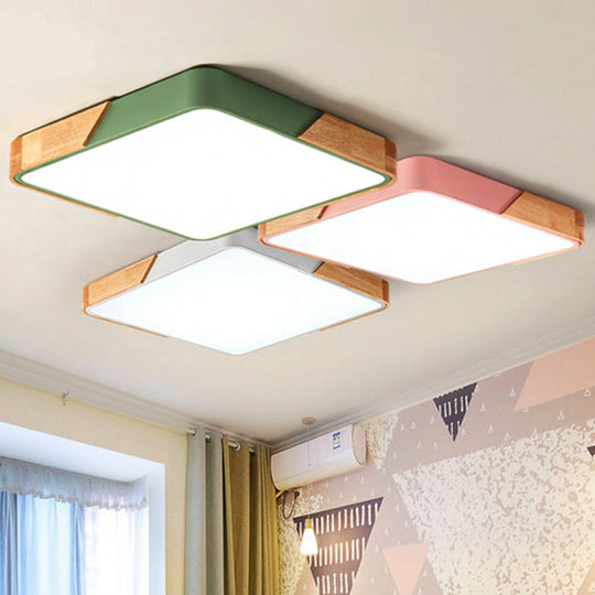 Kids Bedroom Ceiling Light - Nordic Green Square Flush Mount with Wood and Acrylic Shade