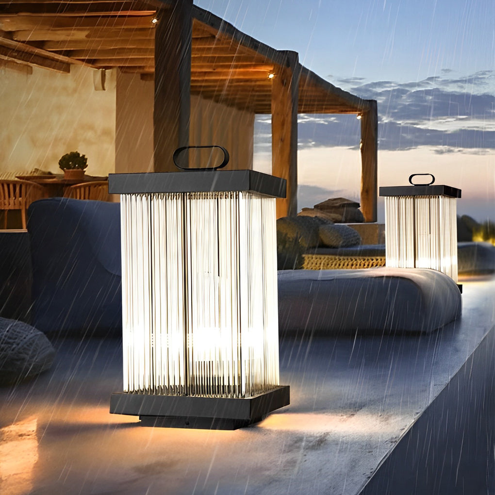 Portable Solar Lantern with Square Rippled Glass Design