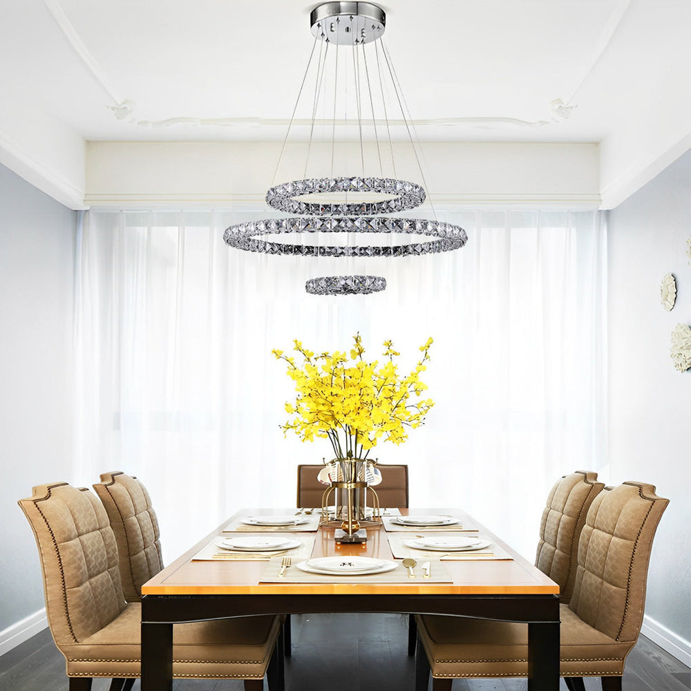 Luxury Crystal 3-Tier LED Chandelier – Geometric or Stacked Ring Pendant Light
