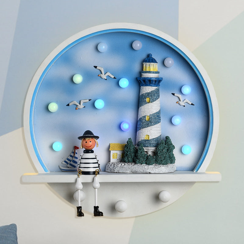 Wood Lighthouse Wall Sconce - Kids LED Round Wall Light in White & Blue, White/3 Color