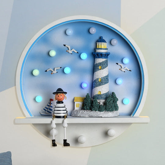 Wood Lighthouse Wall Sconce - Kids LED Round Wall Light in White & Blue, White/3 Color