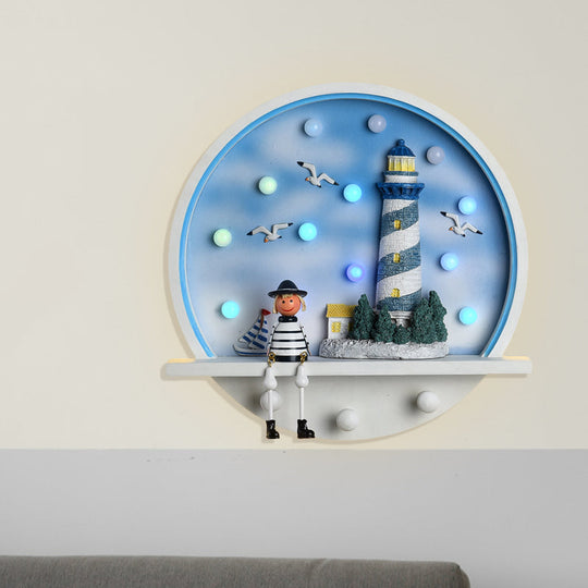 Wood Lighthouse Wall Sconce - Kids LED Round Wall Light in White & Blue, White/3 Color