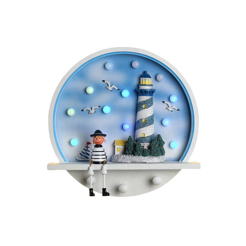Wood Lighthouse Wall Sconce - Kids LED Round Wall Light in White & Blue, White/3 Color