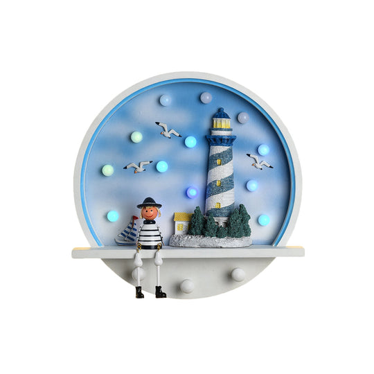 Wood Lighthouse Wall Sconce - Kids LED Round Wall Light in White & Blue, White/3 Color