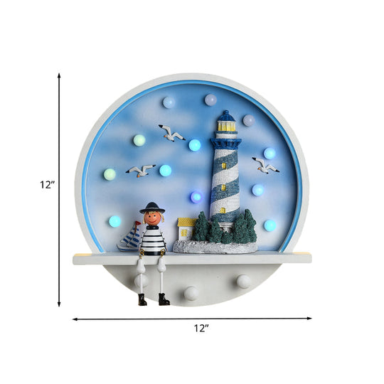 Wood Lighthouse Wall Sconce - Kids LED Round Wall Light in White & Blue, White/3 Color