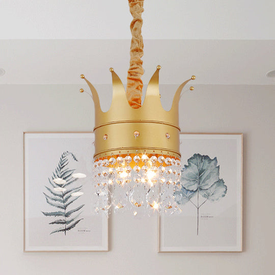 Gold Finish Crown Ceiling Chandelier - Kids, 2/4/5 Bulbs, Metal Suspension light with Crystal Accent