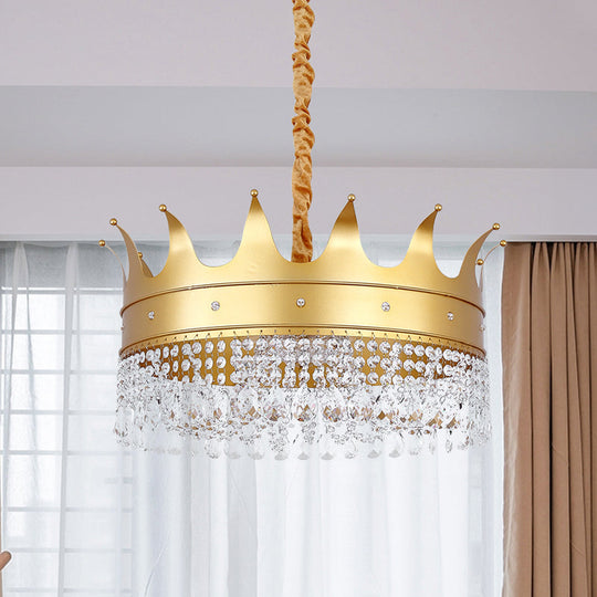 Gold Finish Crown Ceiling Chandelier - Kids, 2/4/5 Bulbs, Metal Suspension light with Crystal Accent