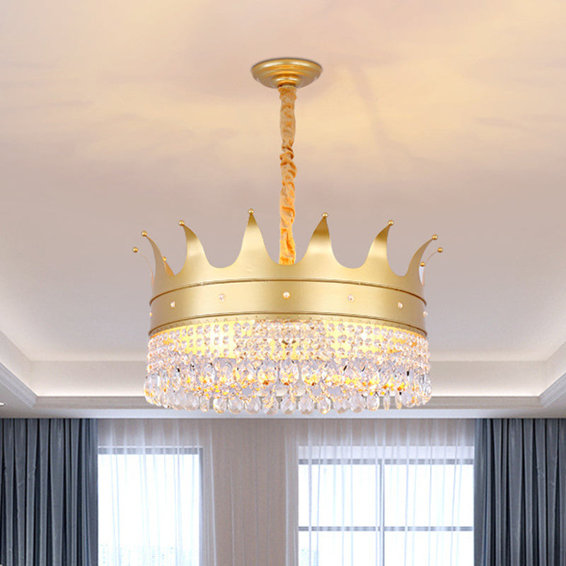 Gold Finish Crown Ceiling Chandelier - Kids, 2/4/5 Bulbs, Metal Suspension light with Crystal Accent