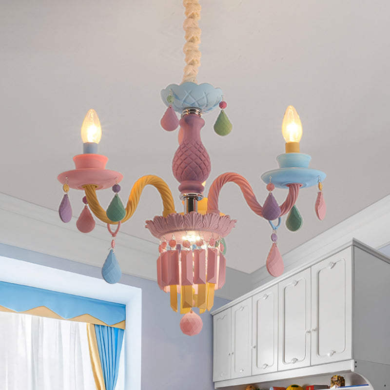 Girls Bedroom Pendant Lighting: Kids Crystal Chandelier with Curved Arm - Pink, 3/5/6-Bulb Option