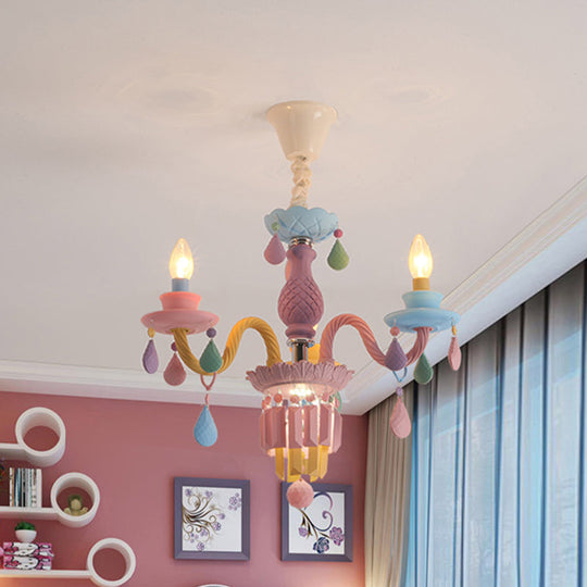 Girls Bedroom Pendant Lighting: Kids Crystal Chandelier with Curved Arm - Pink, 3/5/6-Bulb Option