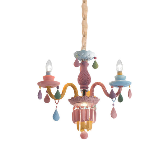 Girls Bedroom Pendant Lighting: Kids Crystal Chandelier with Curved Arm - Pink, 3/5/6-Bulb Option