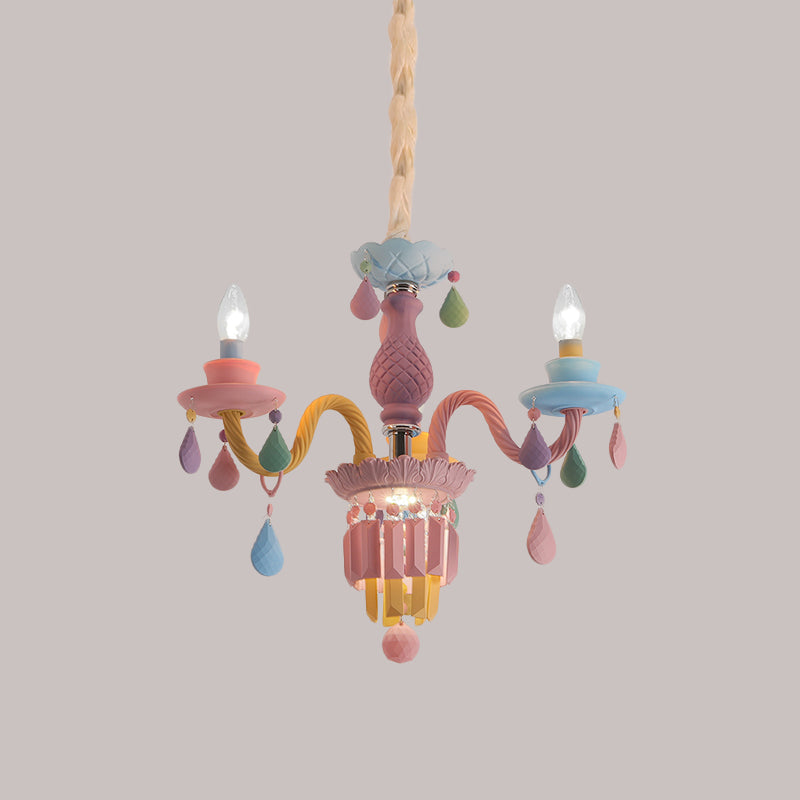 Girls Bedroom Pendant Lighting: Kids Crystal Chandelier with Curved Arm - Pink, 3/5/6-Bulb Option