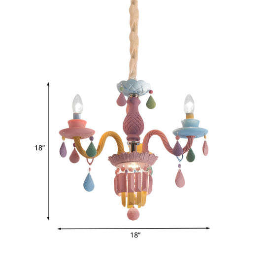 Girls Bedroom Pendant Lighting: Kids Crystal Chandelier with Curved Arm - Pink, 3/5/6-Bulb Option