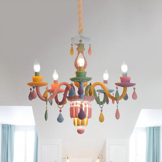 Girls Bedroom Pendant Lighting: Kids Crystal Chandelier with Curved Arm - Pink, 3/5/6-Bulb Option