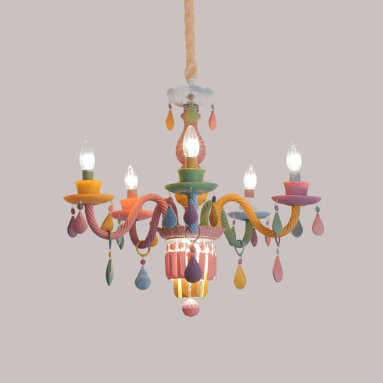 Girls Bedroom Pendant Lighting: Kids Crystal Chandelier with Curved Arm - Pink, 3/5/6-Bulb Option