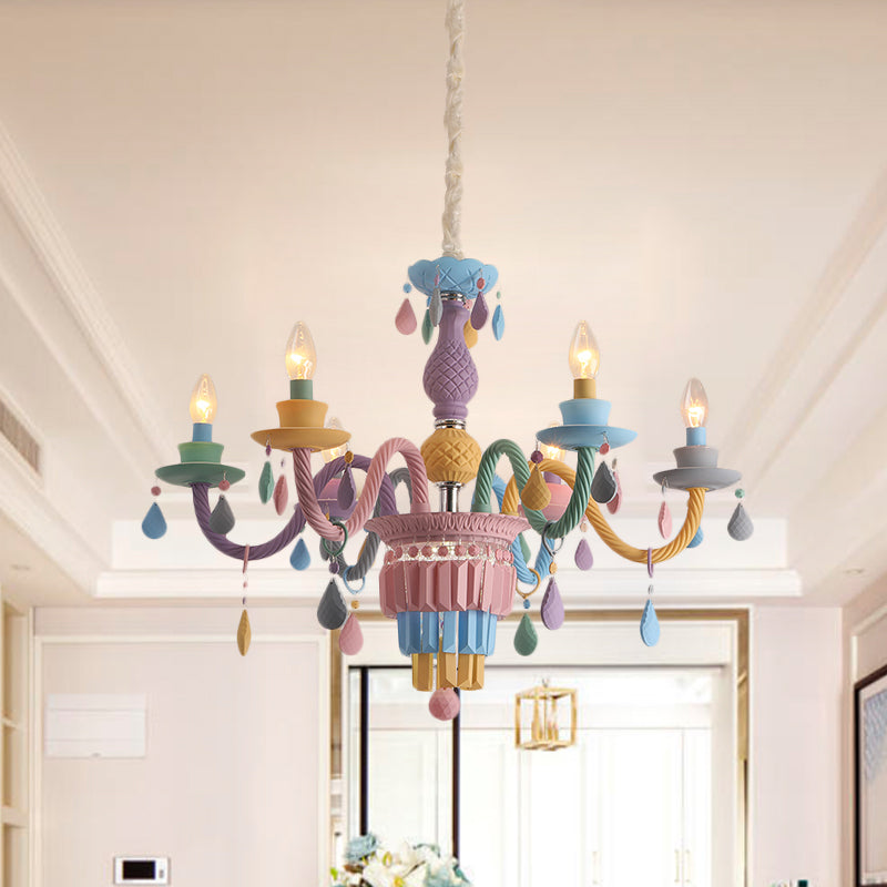 Girls Bedroom Pendant Lighting: Kids Crystal Chandelier with Curved Arm - Pink, 3/5/6-Bulb Option