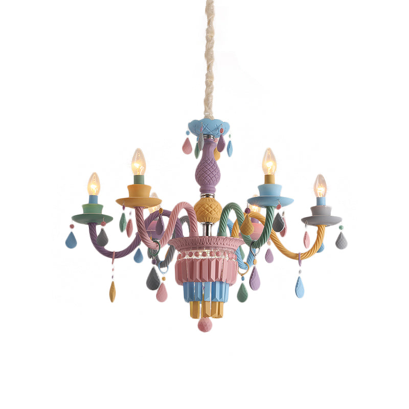 Girls Bedroom Pendant Lighting: Kids Crystal Chandelier with Curved Arm - Pink, 3/5/6-Bulb Option