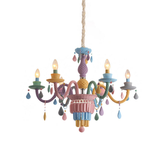 Girls Bedroom Pendant Lighting: Kids Crystal Chandelier with Curved Arm - Pink, 3/5/6-Bulb Option