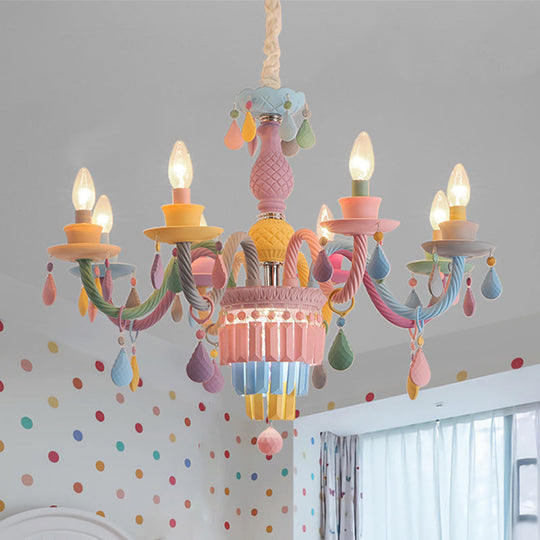 Girls Bedroom Pendant Lighting: Kids Crystal Chandelier with Curved Arm - Pink, 3/5/6-Bulb Option