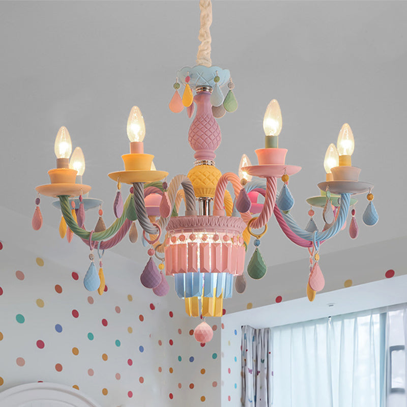 Girls Bedroom Pendant Lighting: Kids Crystal Chandelier with Curved Arm - Pink, 3/5/6-Bulb Option