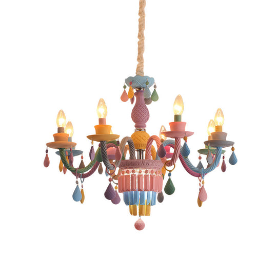 Girls Bedroom Pendant Lighting: Kids Crystal Chandelier with Curved Arm - Pink, 3/5/6-Bulb Option