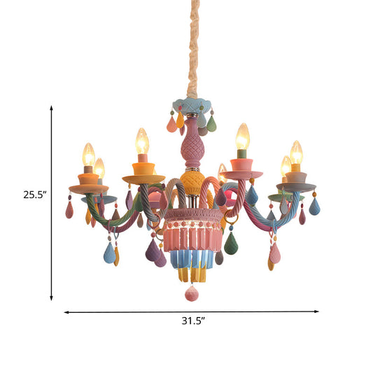 Girls Bedroom Pendant Lighting: Kids Crystal Chandelier with Curved Arm - Pink, 3/5/6-Bulb Option