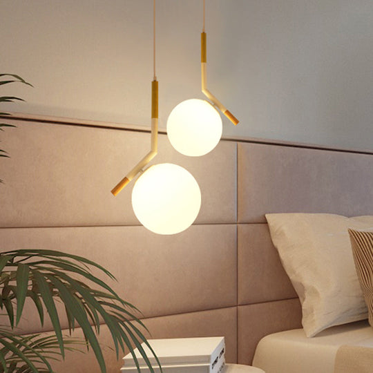 Modern White Glass Globe Pendant Light with Wood Hanging Lamp Kit, 1-Head, Angled Rod - 11.5"/14.5" Wide