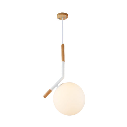 Modern White Glass Globe Pendant Light with Wood Hanging Lamp Kit, 1-Head, Angled Rod - 11.5"/14.5" Wide