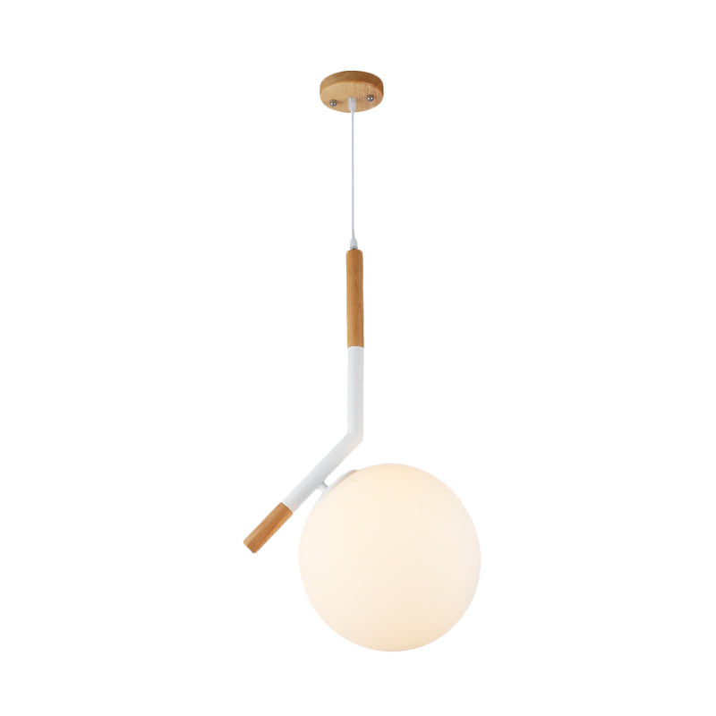 Modern White Glass Globe Pendant Light with Wood Hanging Lamp Kit, 1-Head, Angled Rod - 11.5"/14.5" Wide