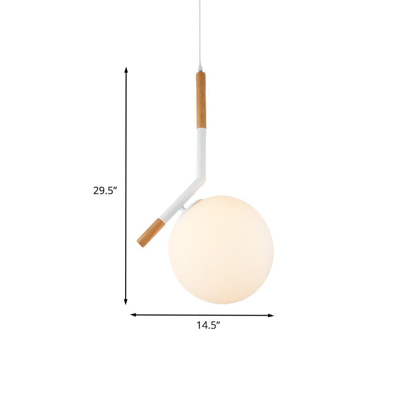 Modern White Glass Globe Pendant Light with Wood Hanging Lamp Kit, 1-Head, Angled Rod - 11.5"/14.5" Wide