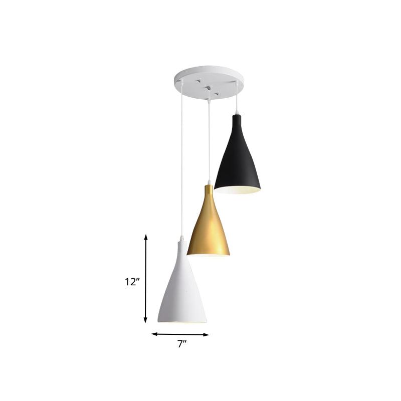 Modernist 3-Light Pendant: White-Black-Gold Conical Ceiling Lamp with Metal Shade, Round/Linear Canopy