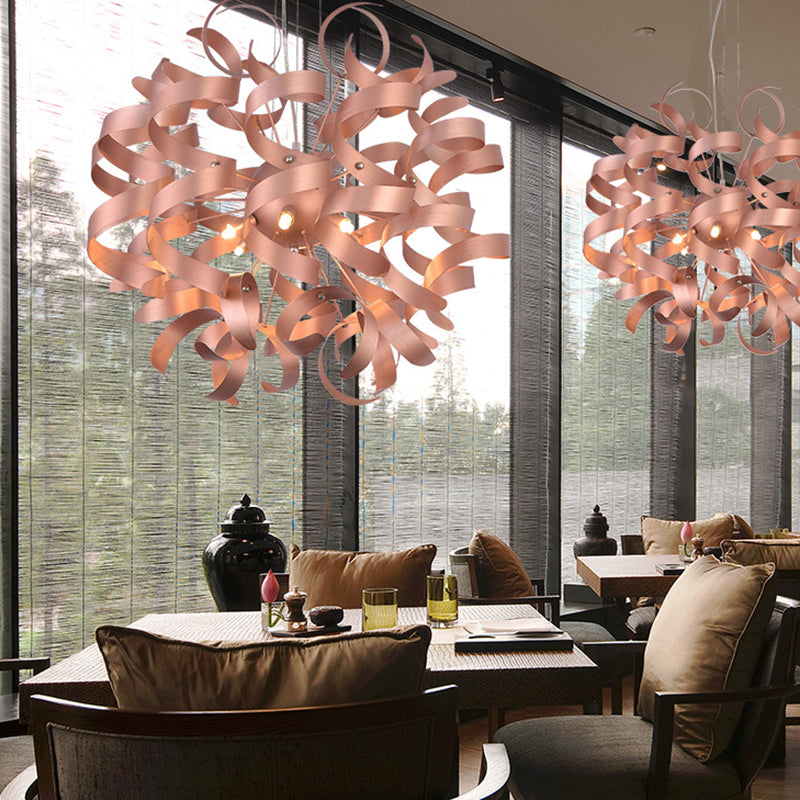 Sleek 6-Bulb LED Chandelier with Spiral Ribbon Design - Contemporary Copper Finish - Restaurant Lighting Kit