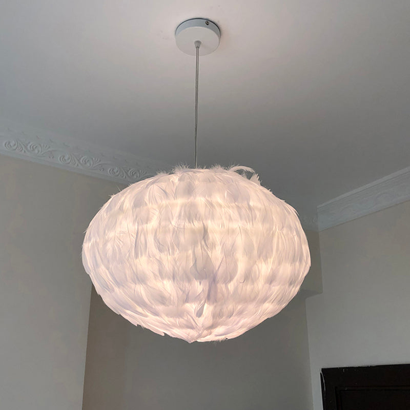 Modern Feather Ball Hanging Pendant Light with 1 Bulb for Bedroom, Ceiling Suspension in Elegant White Fabric