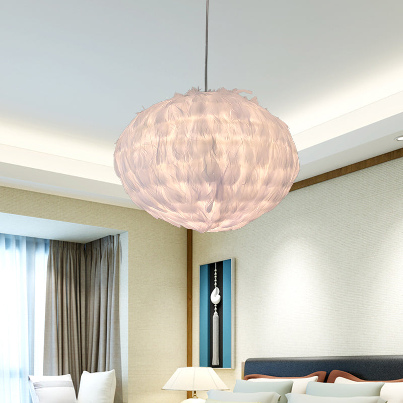 Modern Feather Ball Hanging Pendant Light with 1 Bulb for Bedroom, Ceiling Suspension in Elegant White Fabric