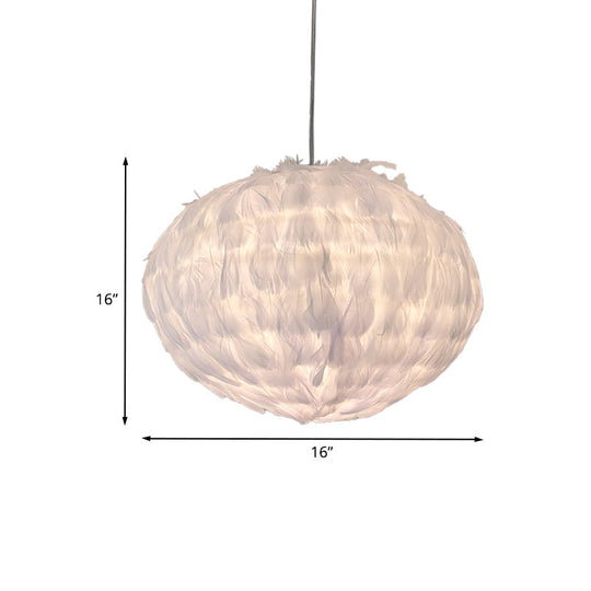 Modern Feather Ball Hanging Pendant Light with 1 Bulb for Bedroom, Ceiling Suspension in Elegant White Fabric