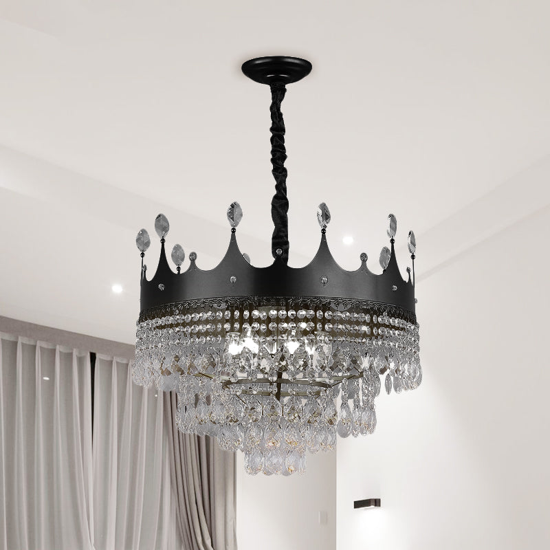 Kids' Black Metal Crown Chandelier Lighting with Crystal Drop Decor - 4/5/6 Lights, Ideal for Dining Table